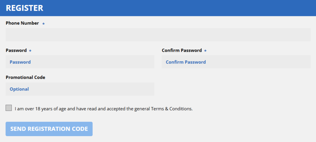 registration Registration form with phone and password